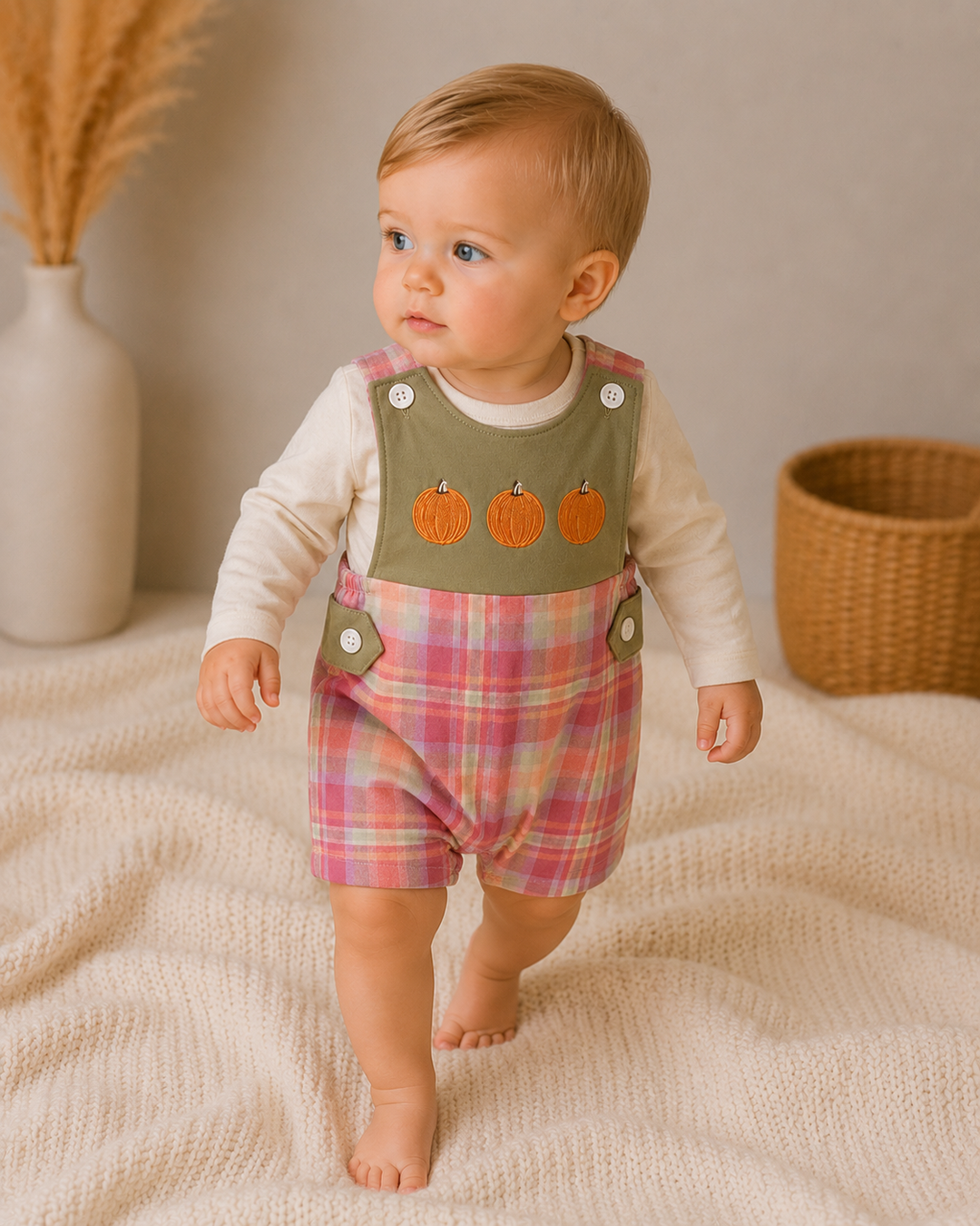 Toddler wearing olive pumpkin jon jon over a long-sleeve shirt with pink plaid bottoms