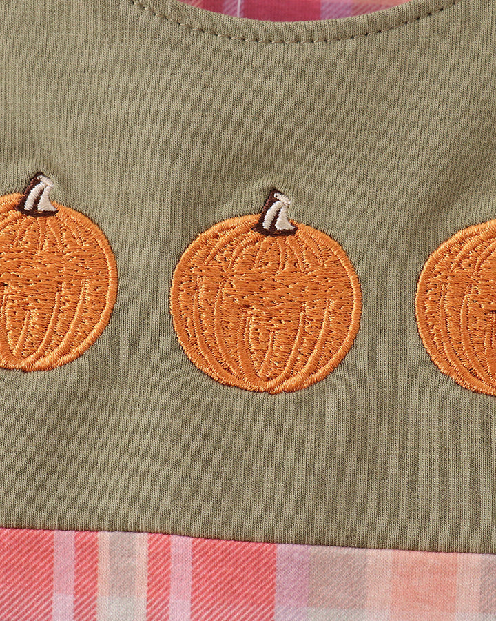 Olive knit jon jon with orange embroidered pumpkins and plaid waistband hem