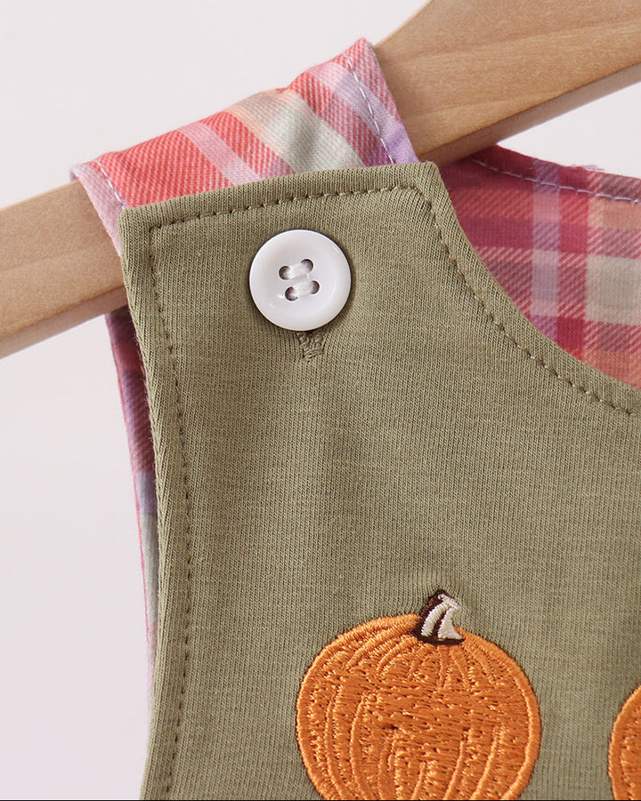 Olive jon jon bodice with orange pumpkin embroidery and white button shoulder placket