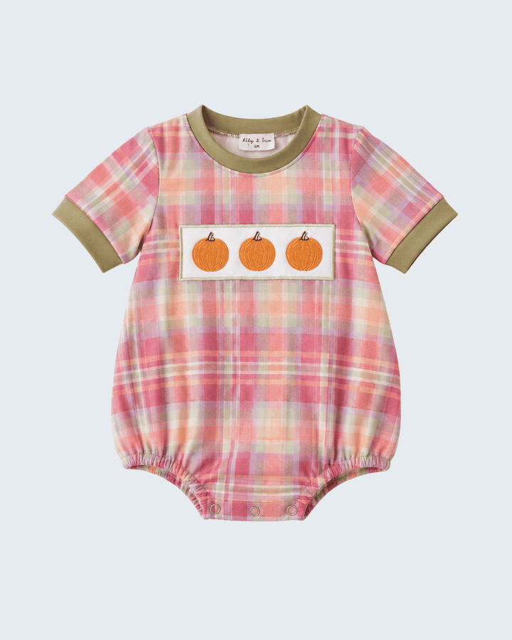Plaid short-sleeve romper front with three orange embroidered pumpkins