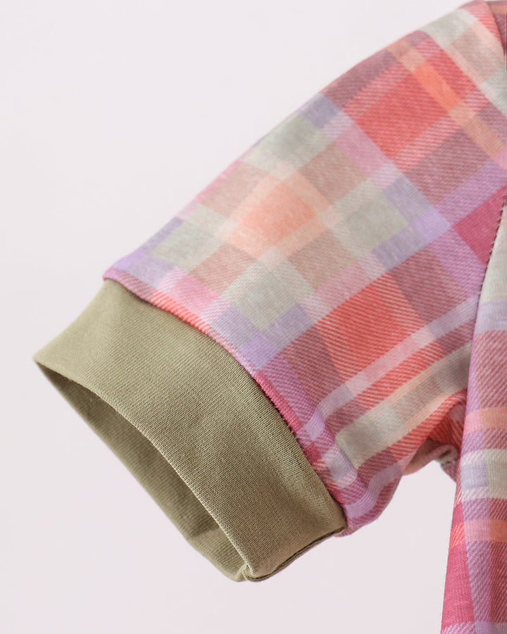 Plaid romper sleeve with olive cuff and pink-orange checkered fabric