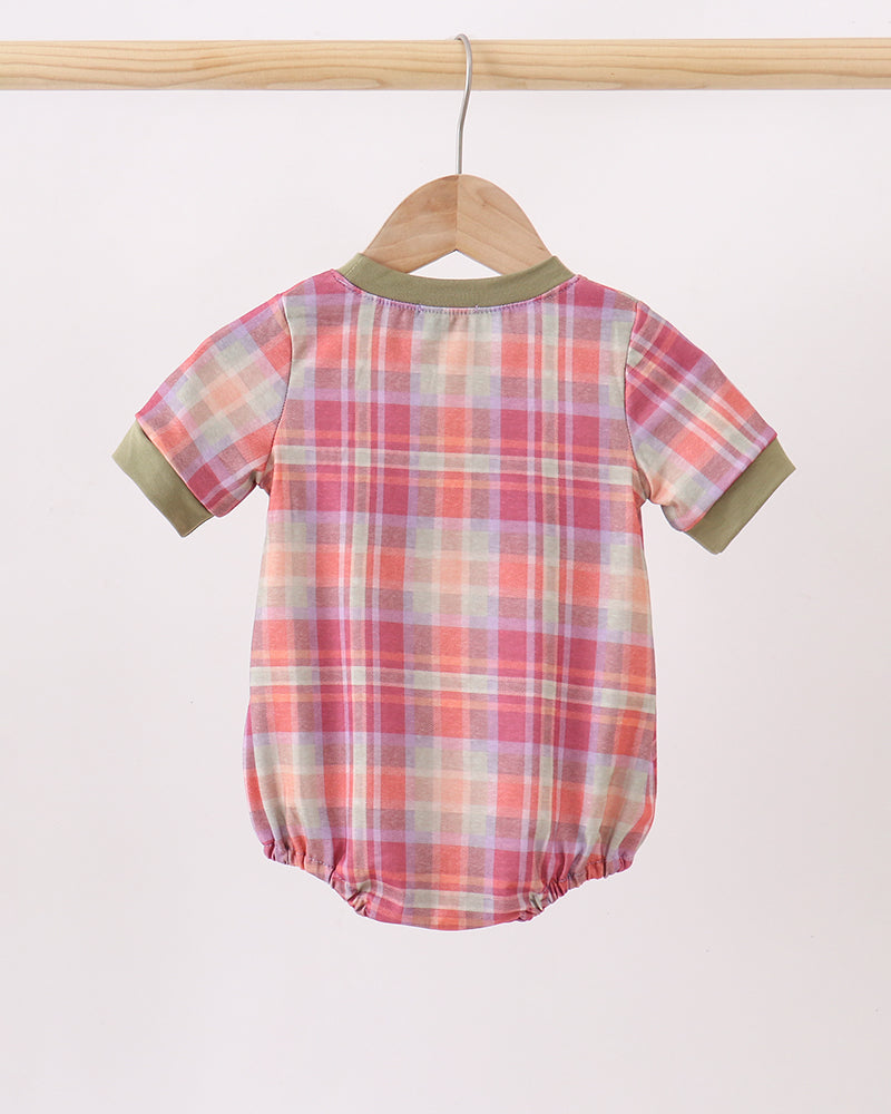 Plaid short-sleeve romper with olive collar, back view