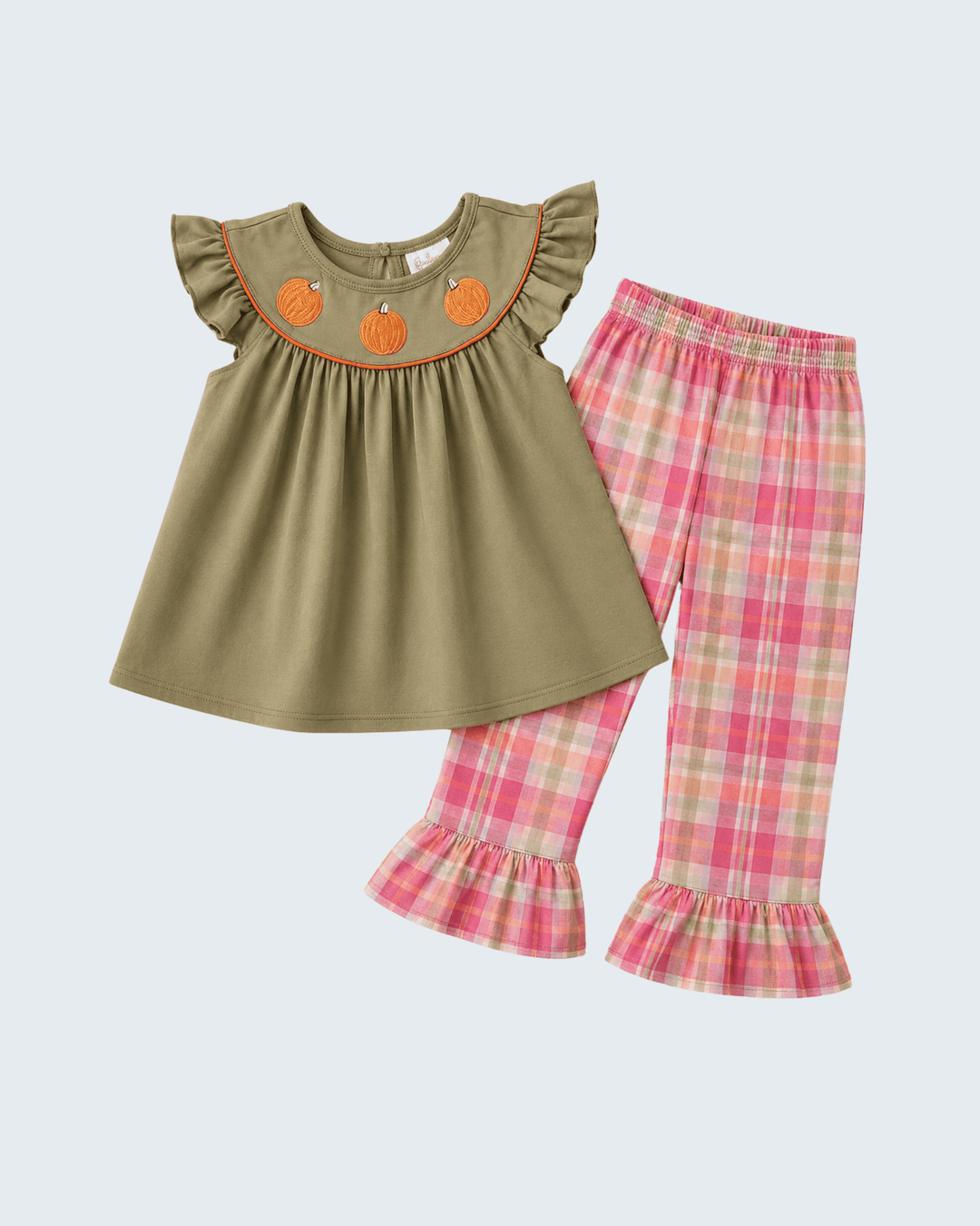 Olive pumpkin tunic with pink plaid ruffle pants set
