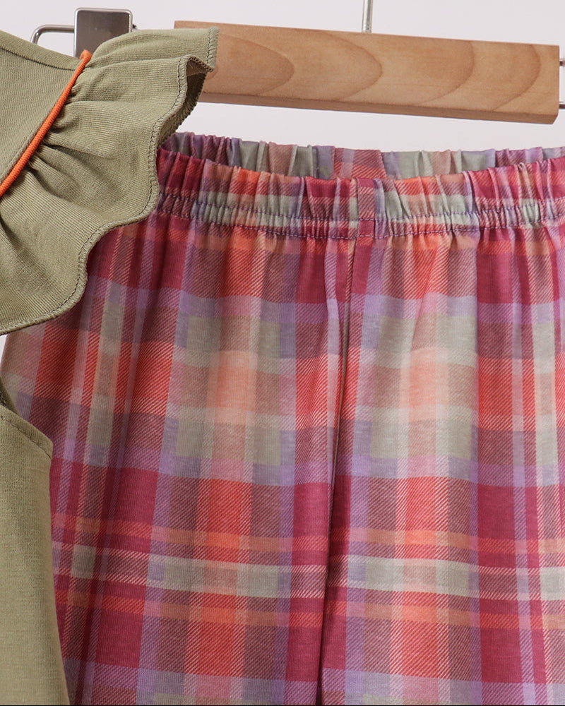 Pink plaid ruffle pants with elastic waistband and gathered cuffs