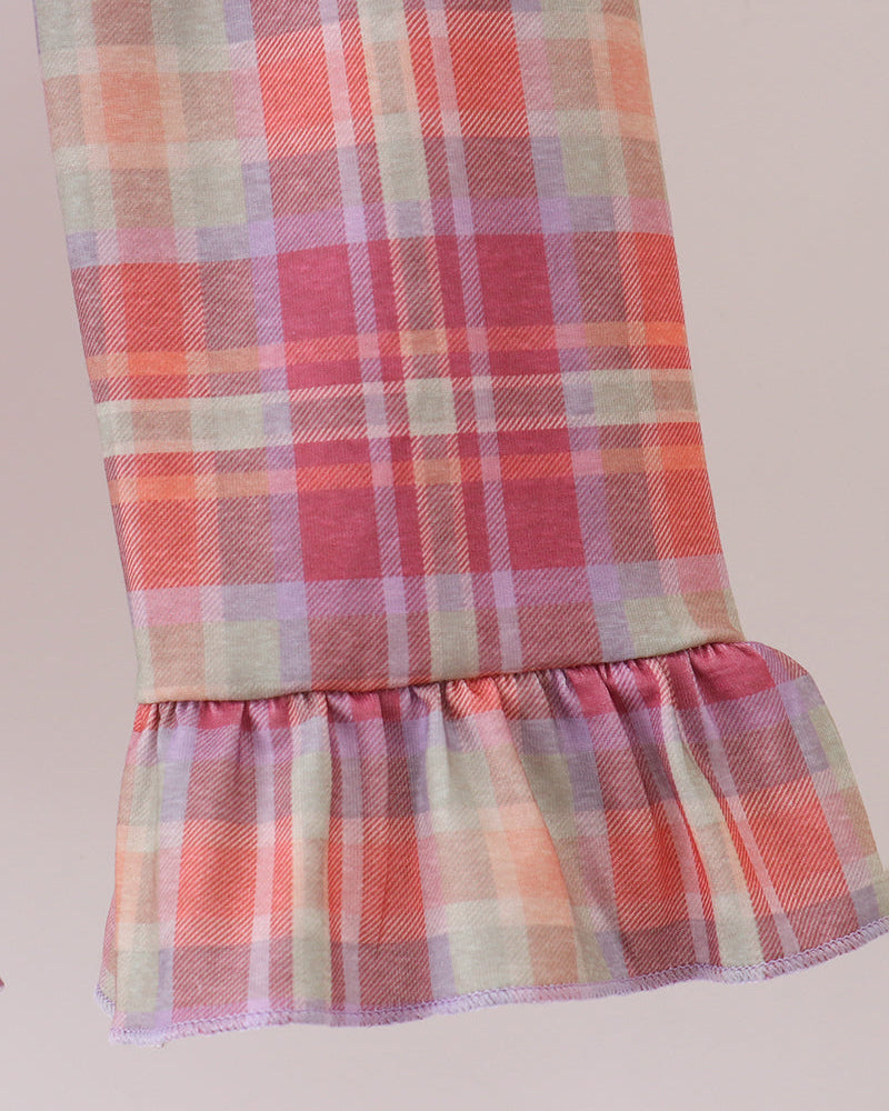 Pink plaid ruffle pants with layered tiered hem