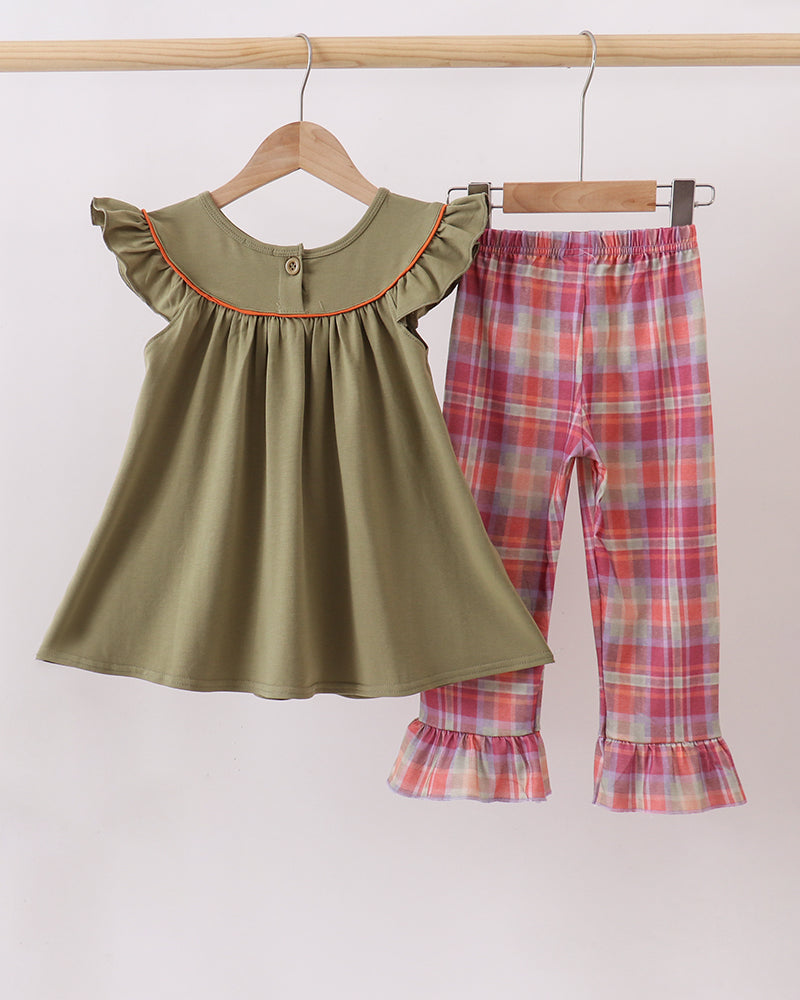 Olive ruffle tunic top with pink plaid ruffle pants set