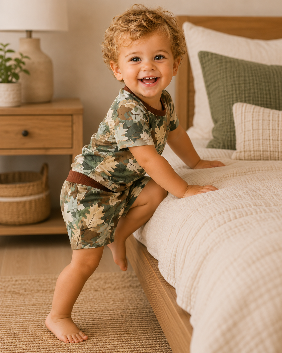 Child in a camouflage outfit standing on a bed in a bedroom.