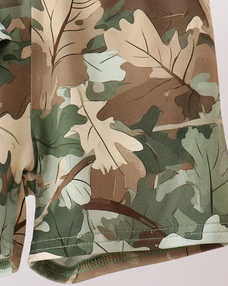 Close-up of a camouflage-patterned fabric with brown, green, and beige colors.