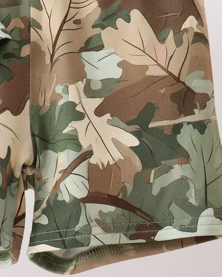 Close-up of a camouflage-patterned fabric with brown, green, and beige colors.