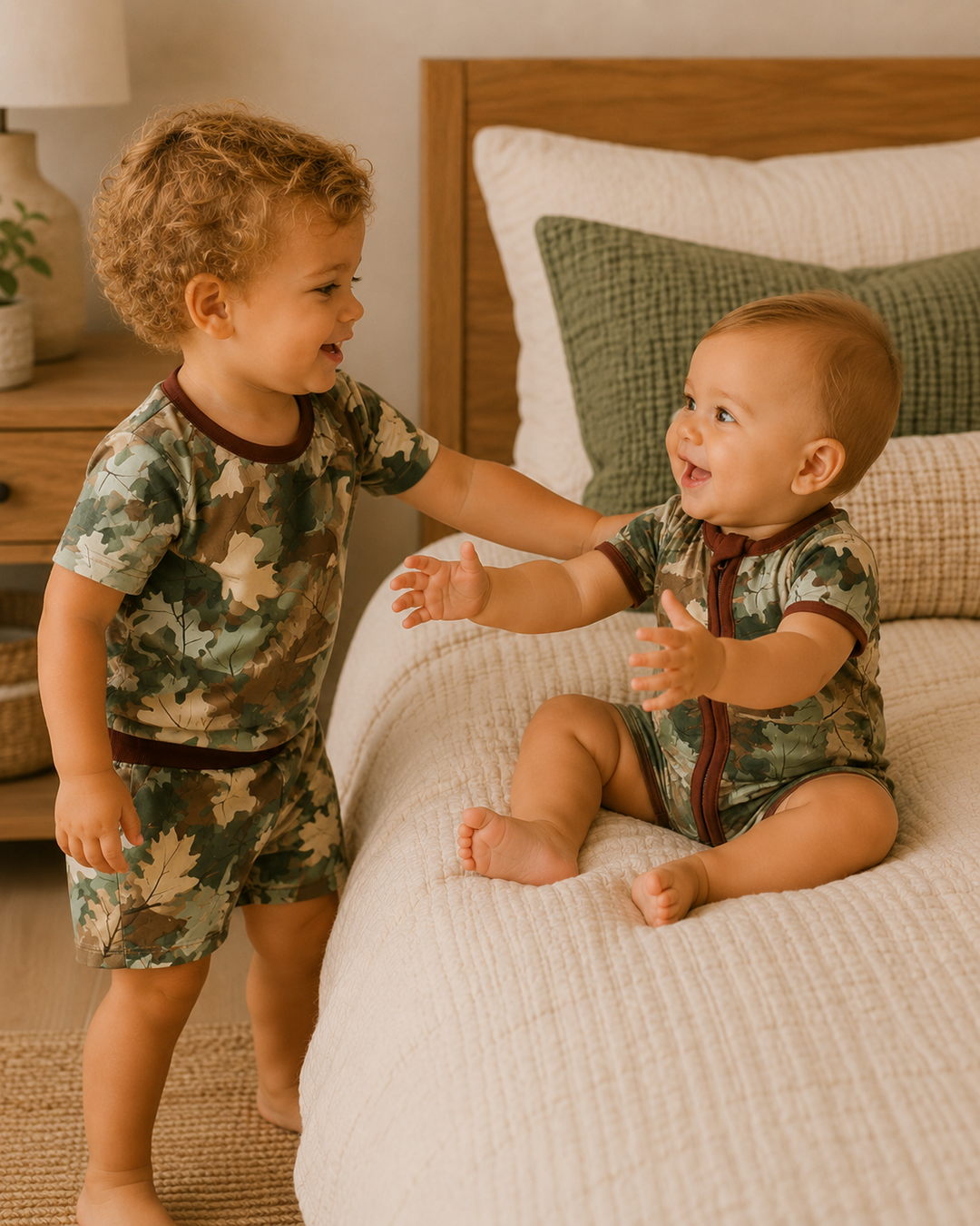 Two children in matching camouflage outfits playing on a bed.