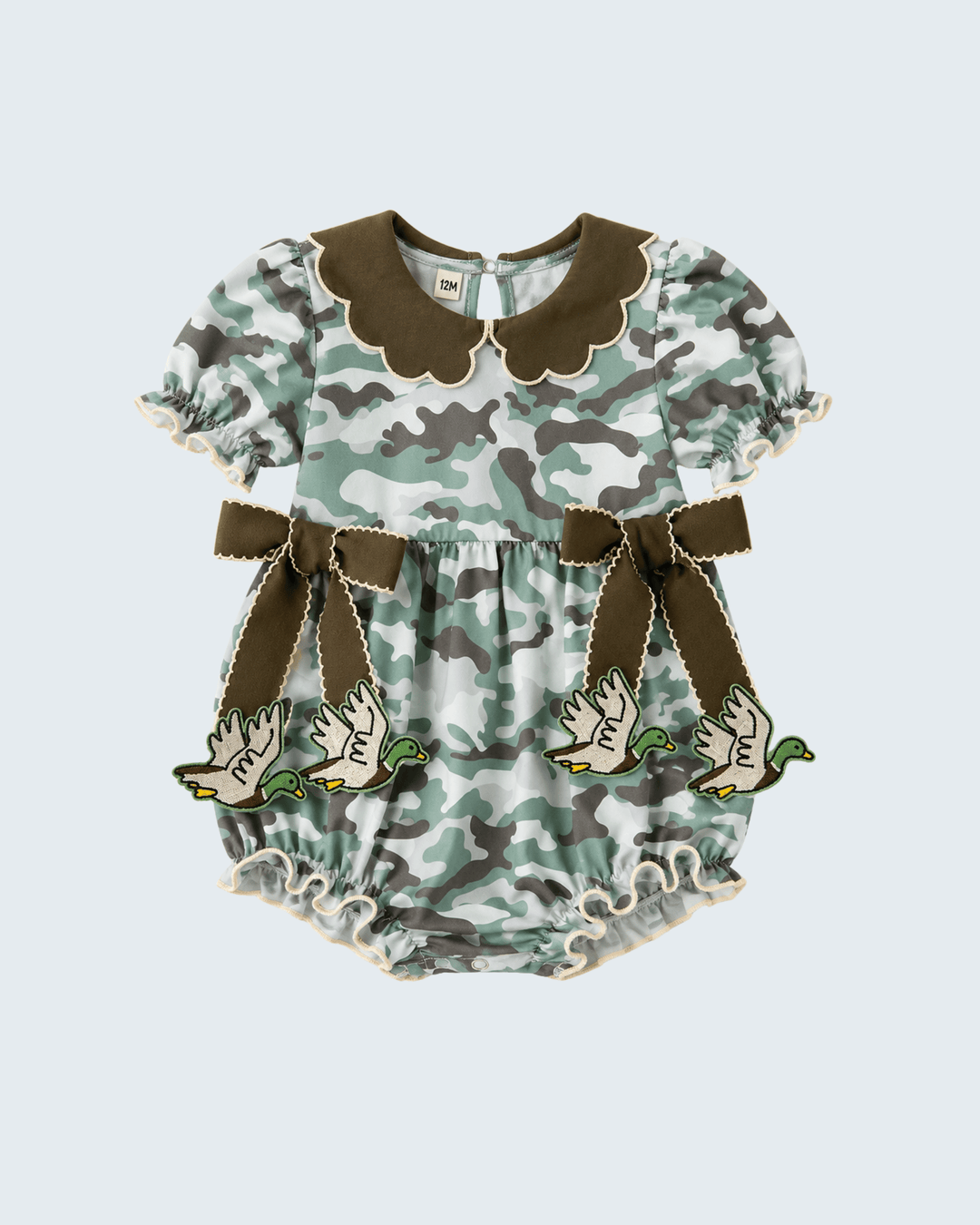 Camouflage ruffle bubble romper with scalloped collar and bow-tie side ruffles, green