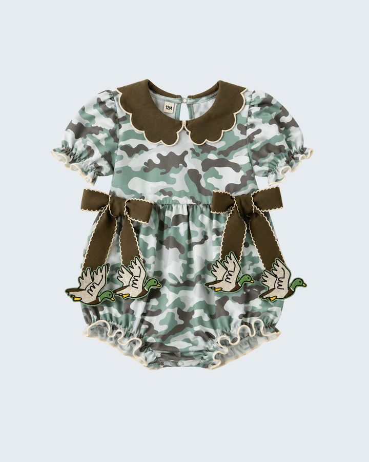 Camouflage ruffle bubble romper with scalloped collar and bow-tie side ruffles, green