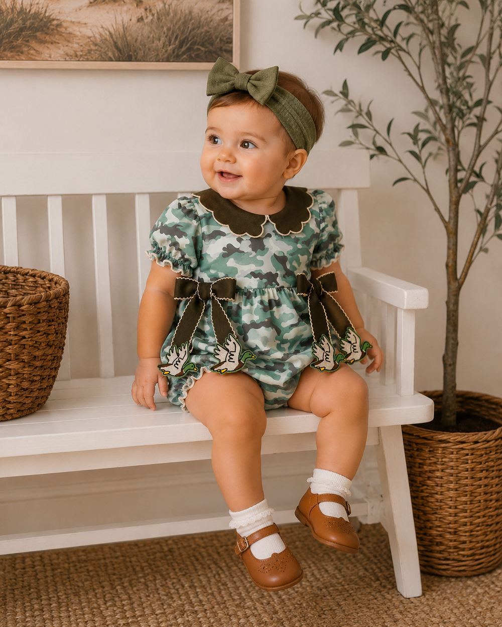 Camouflage ruffle bubble romper on baby, scalloped neckline with bow-tie side details