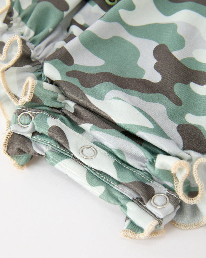Camouflage romper with gathered cuffs and snap placket at back