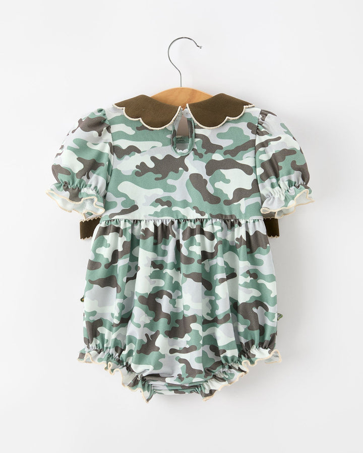 Camouflage bubble romper back view with brown scalloped yoke and ruffled trim