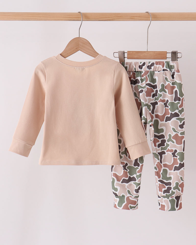 Kids camouflage pants set with plain beige long-sleeve top and matching camo pants
