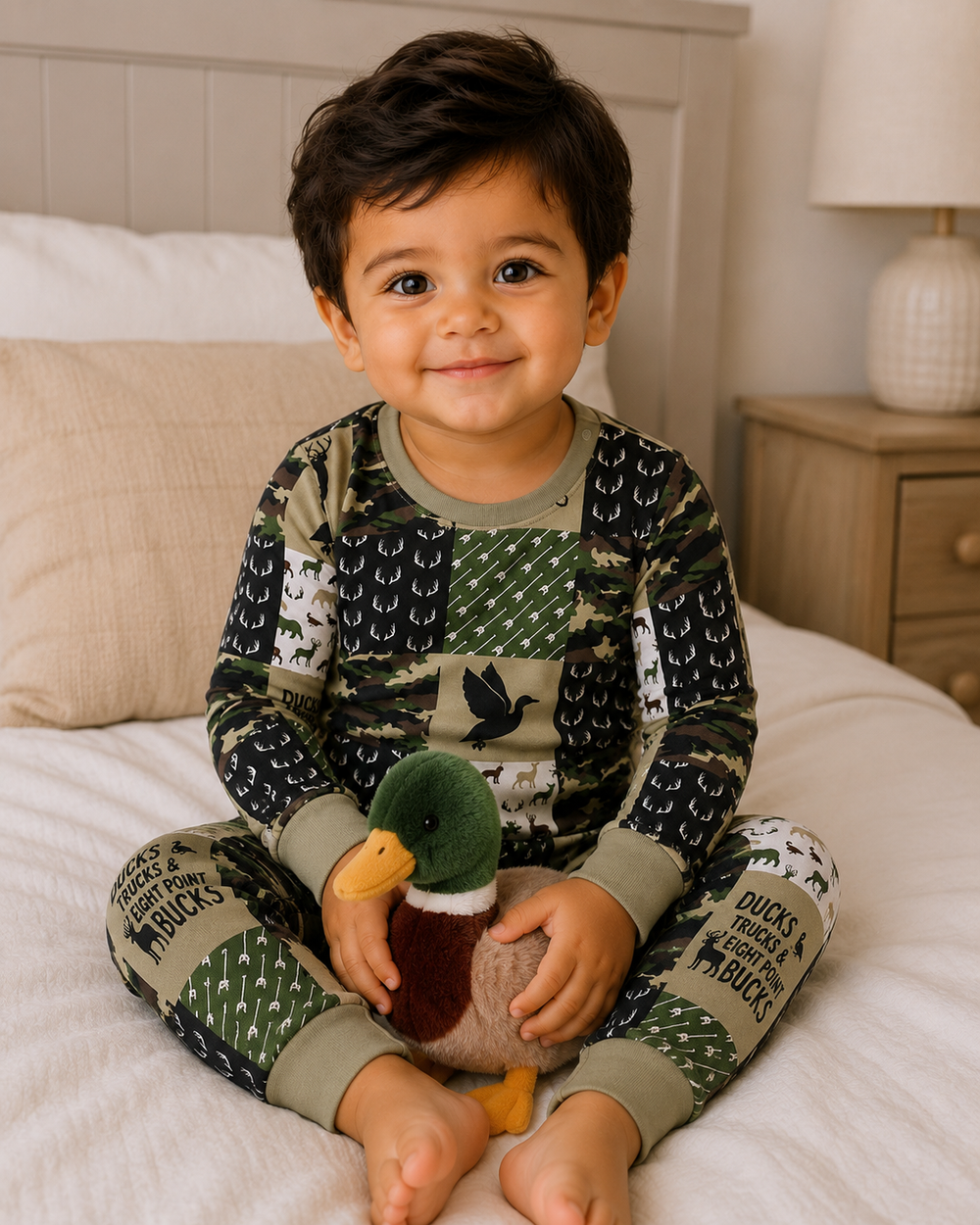 A smiling toddler boy sitting on a bed wearing a long-sleeve camouflage and patchwork pajama set with duck-themed prints, holding a plush duck toy.