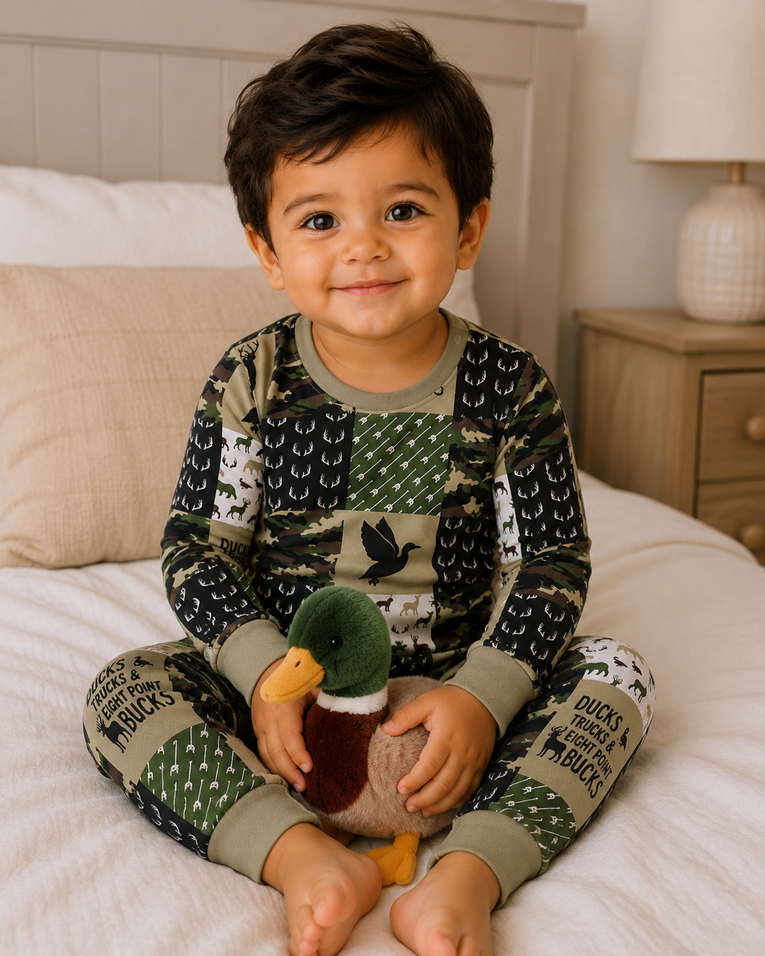 A smiling toddler boy sitting on a bed wearing a long-sleeve camouflage and patchwork pajama set with duck-themed prints, holding a plush duck toy.