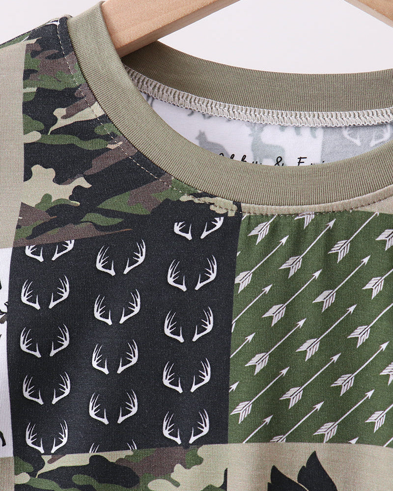 Kids long-sleeve top with olive crew neck trim and camo, deer, and antler prints