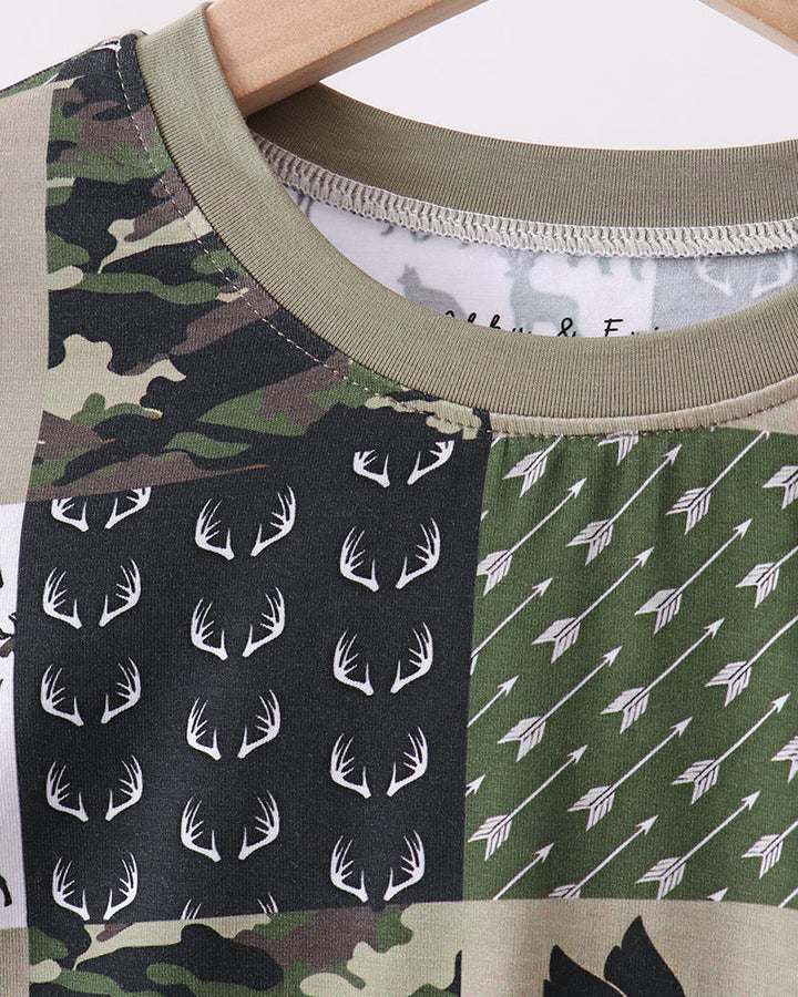 Kids long-sleeve top with olive crew neck trim and camo, deer, and antler prints