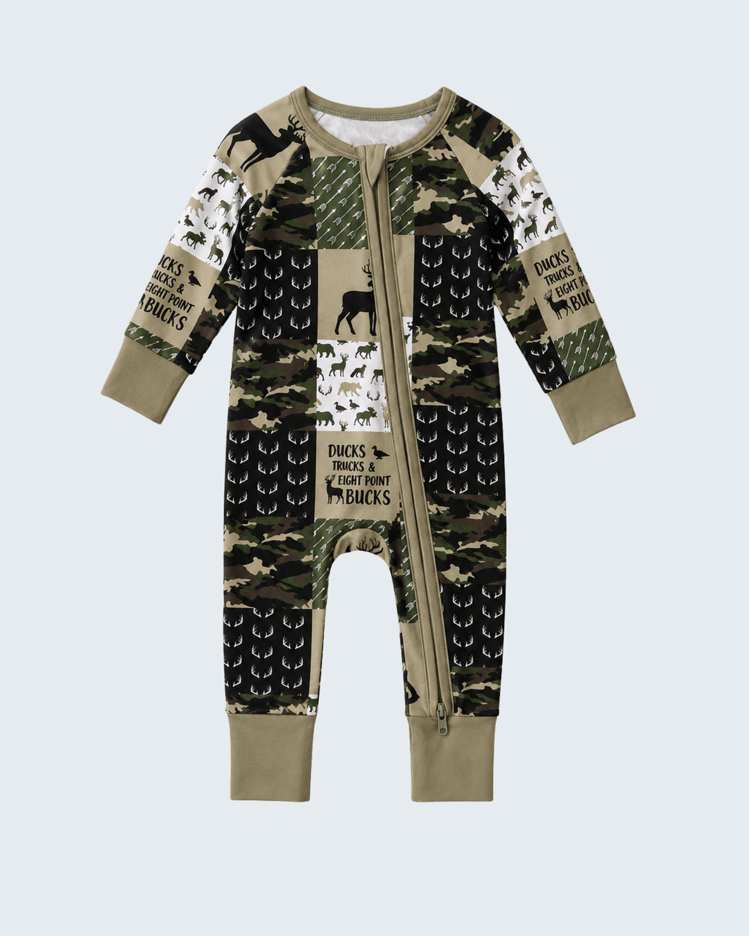 A baby long-sleeve zip-up sleeper with a patchwork print of camouflage, woodland animals, and ducks, in olive green, black, and beige.