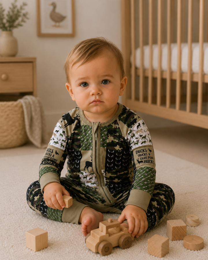 A baby sitting on a carpet in a nursery, wearing a camouflage print zip-up onesie and playing with wooden toy blocks.