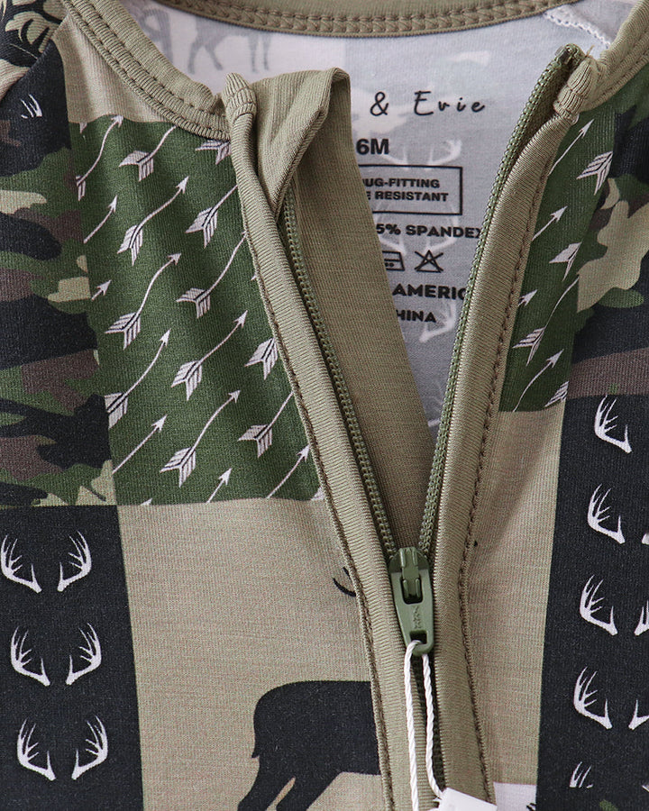 Kids camo bamboo romper neckline with front zipper and deer graphic detail