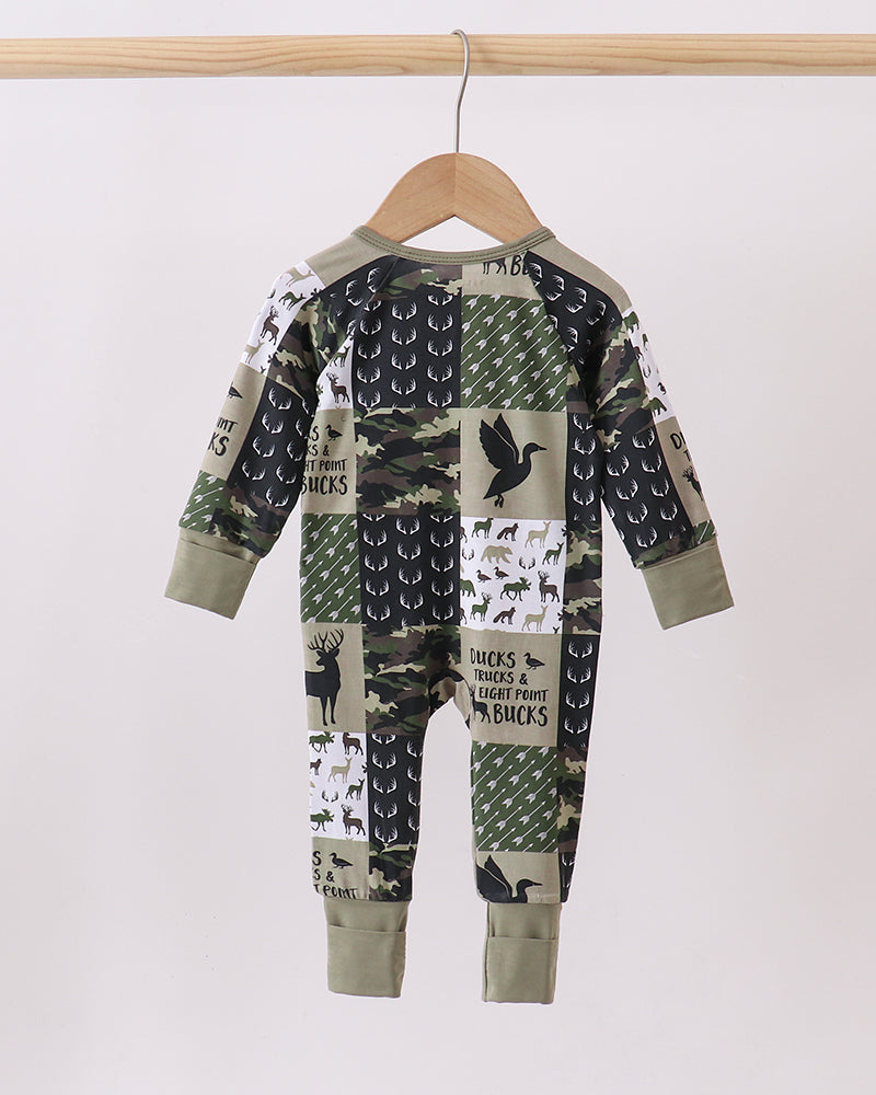 Kids camo bamboo zip romper back view with deer-and-antler graphic, long sleeves
