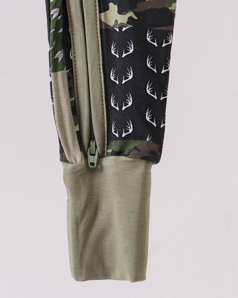 Kids bamboo zip romper with camo deer print, front zipper and long sleeves