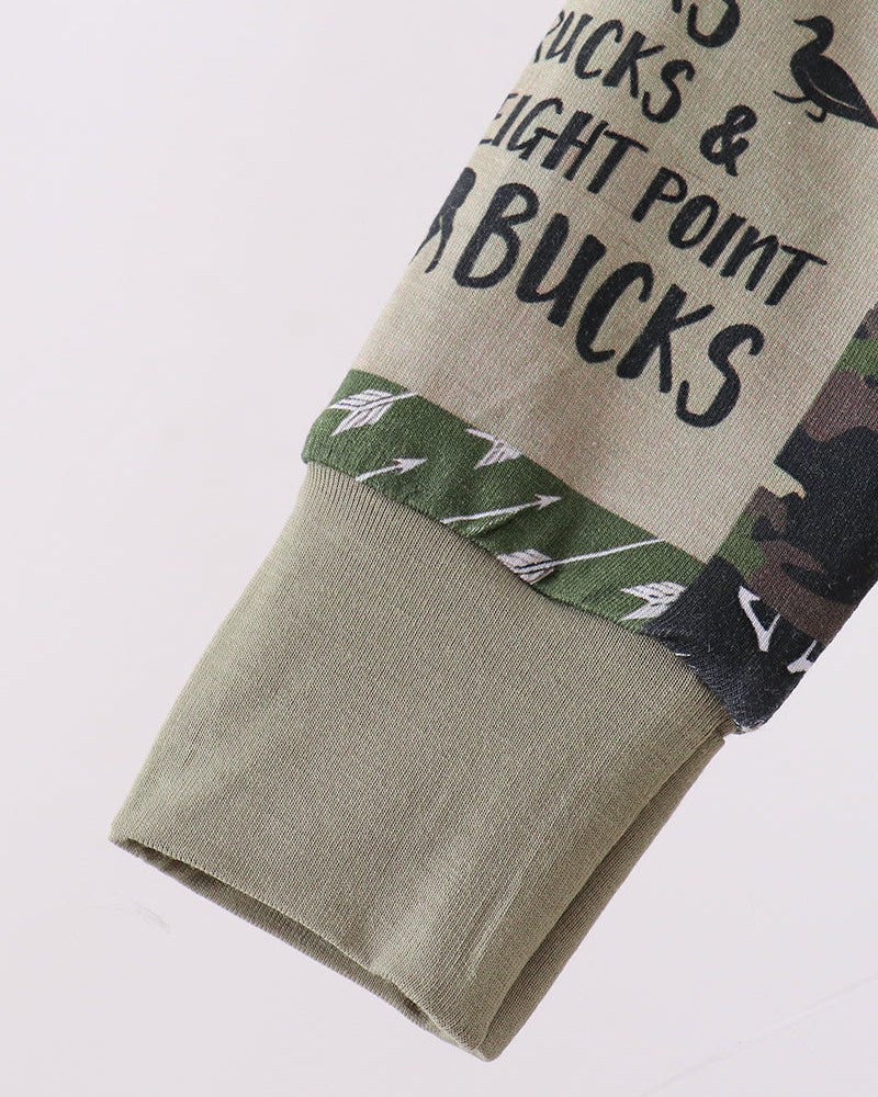 Bamboo romper sleeve cuff with camo deer print and green ribbed hem