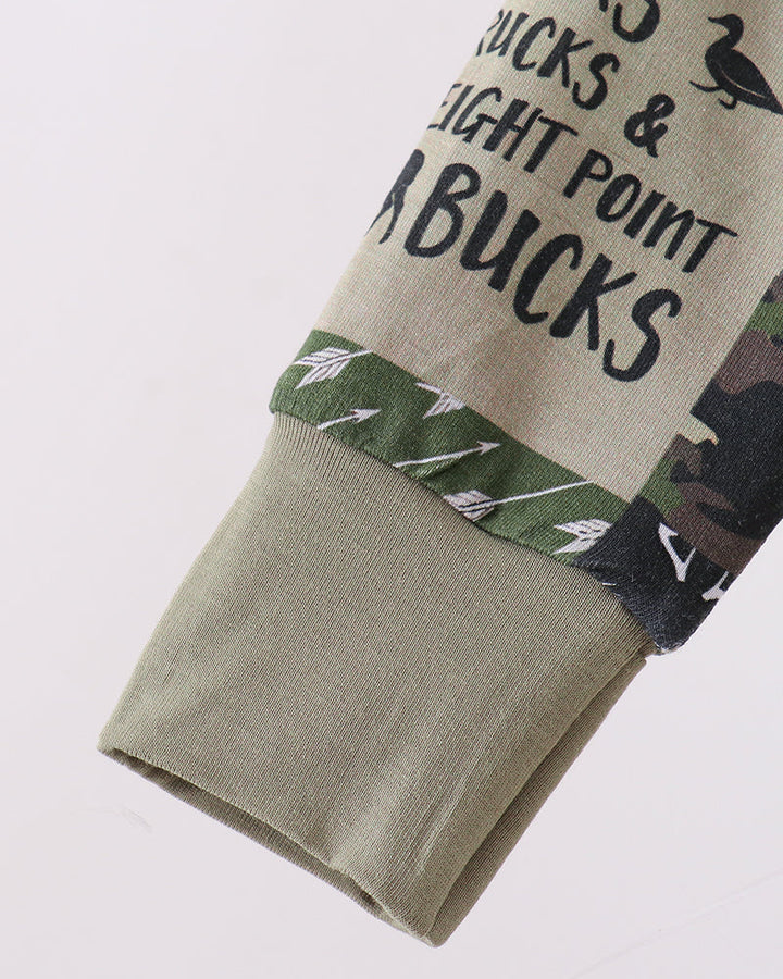 Bamboo romper sleeve cuff with camo deer print and green ribbed hem