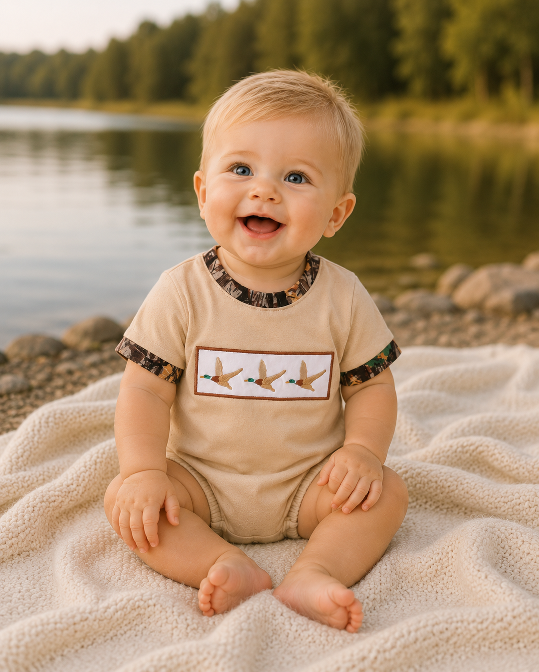 Baby sitting on a blanket by a lake wearing a beige onesie with duck design.