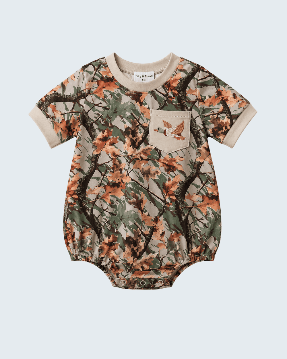 Camo Duck Embroidered Pocket Bubble on grey background