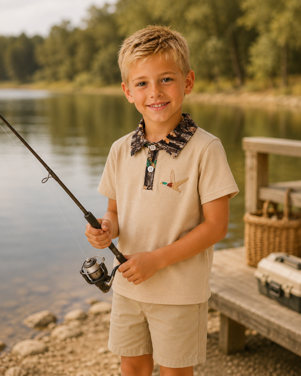 Young boy holding a fishing rod by a lake with trees in the background