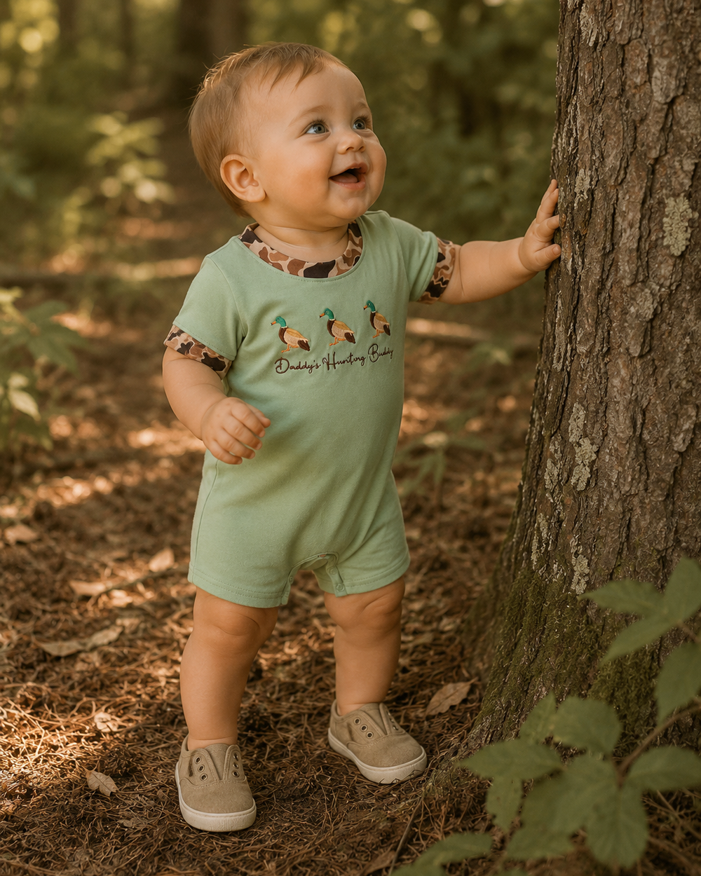 Baby in a green romper standing next to a tree in a forest