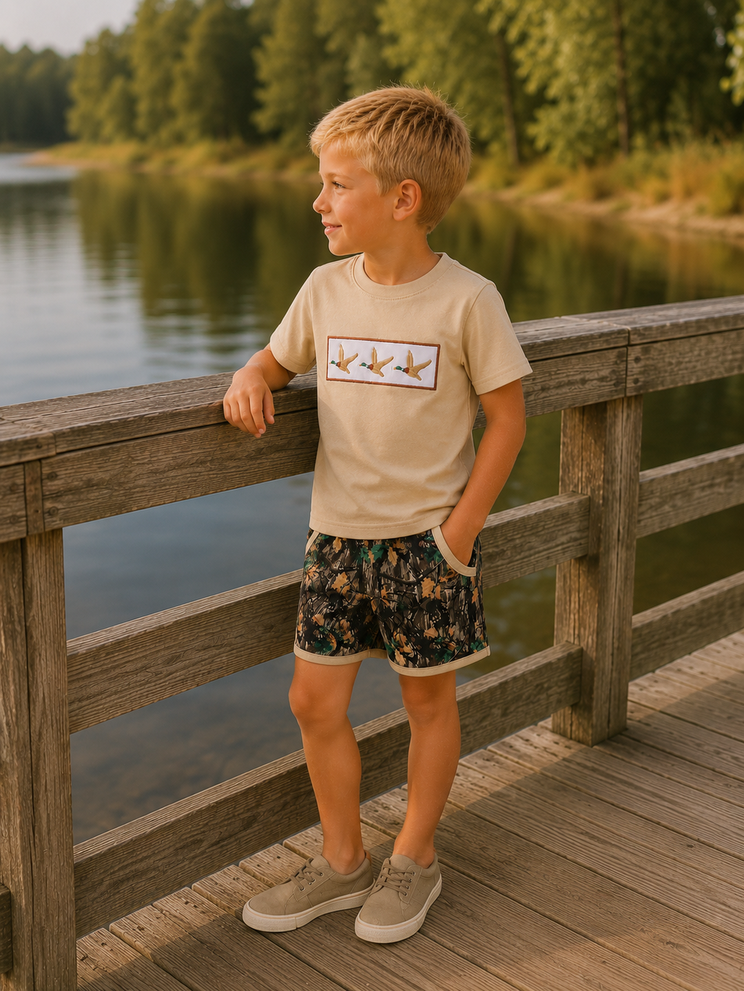 Young boy standing on a wooden dock by a lake, wearing a beige t-shirt with a graphic and dark patterned shorts.