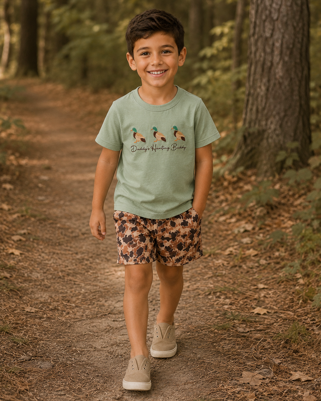 Child wearing a green t-shirt with duck design and floral shorts in a forest setting