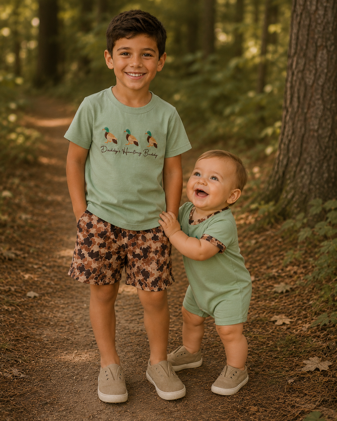Two children standing in a forest, wearing matching green shirts.