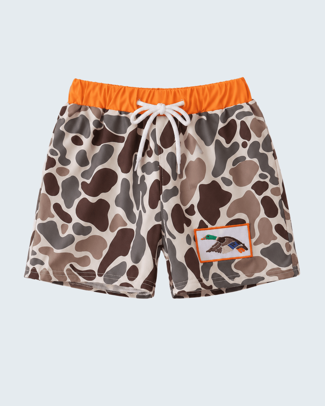 Camouflage-patterned shorts with an orange waistband on a light gray background