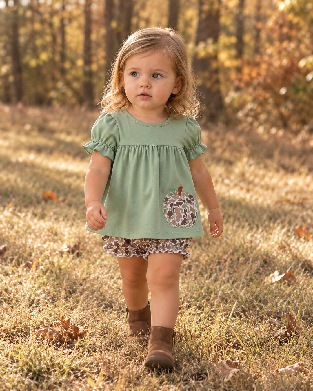 Toddler is walking in the edge of the woods
