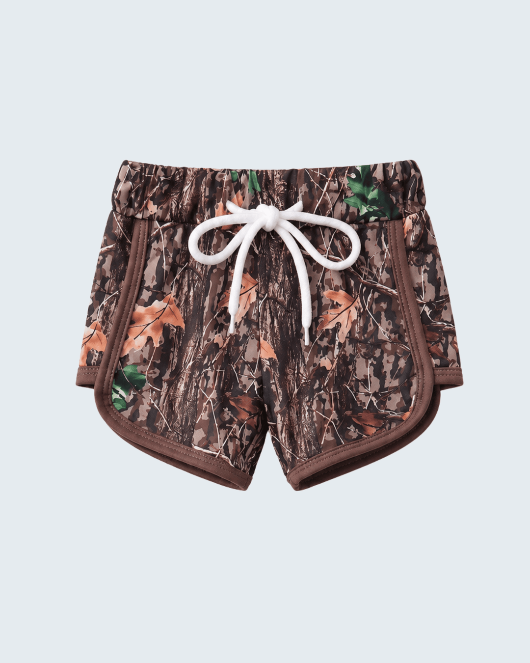 Camouflage shorts with a white drawstring on a light gray background