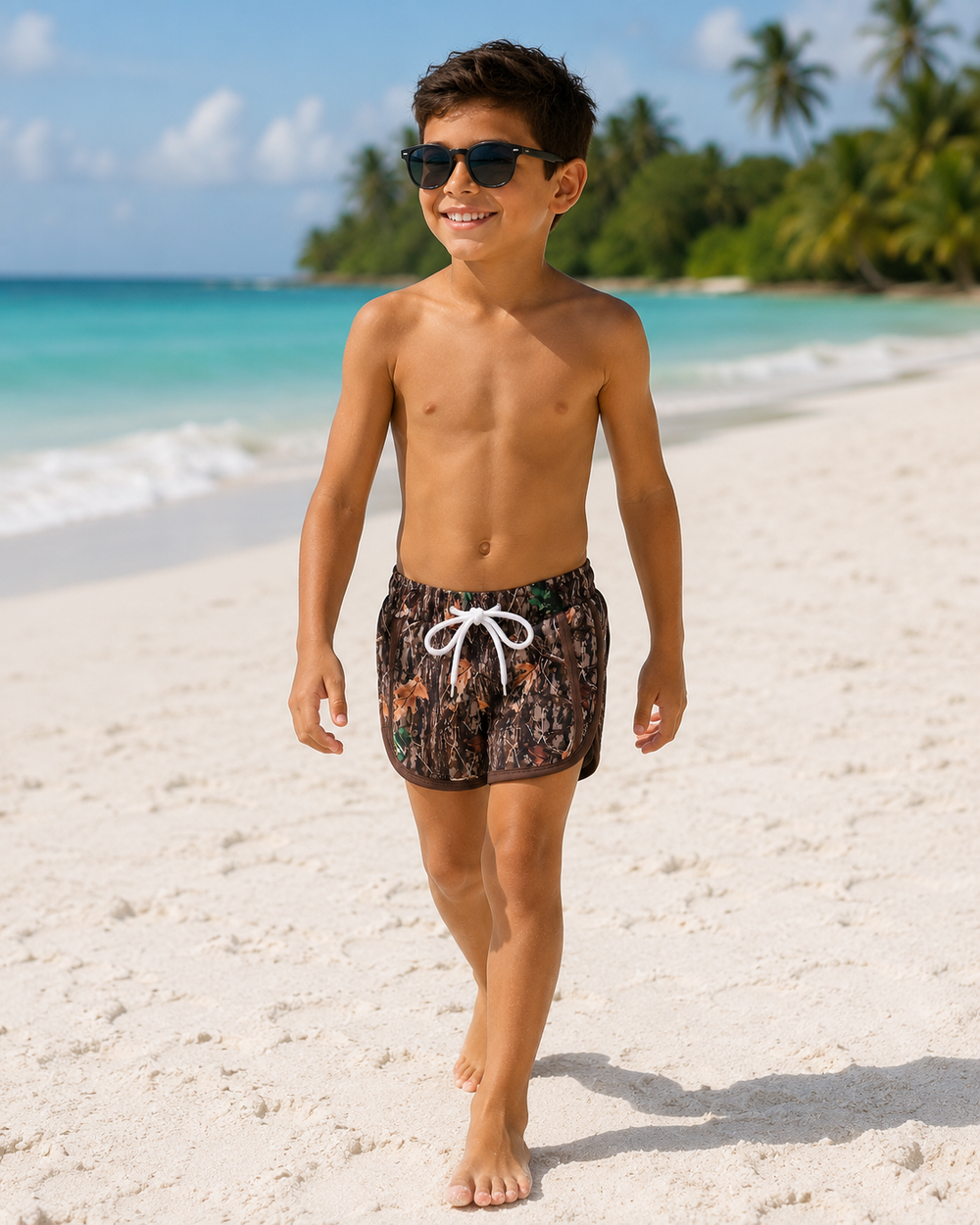 Young boy in camouflage swim shorts walking on a sandy beach with ocean and palm trees in the background.