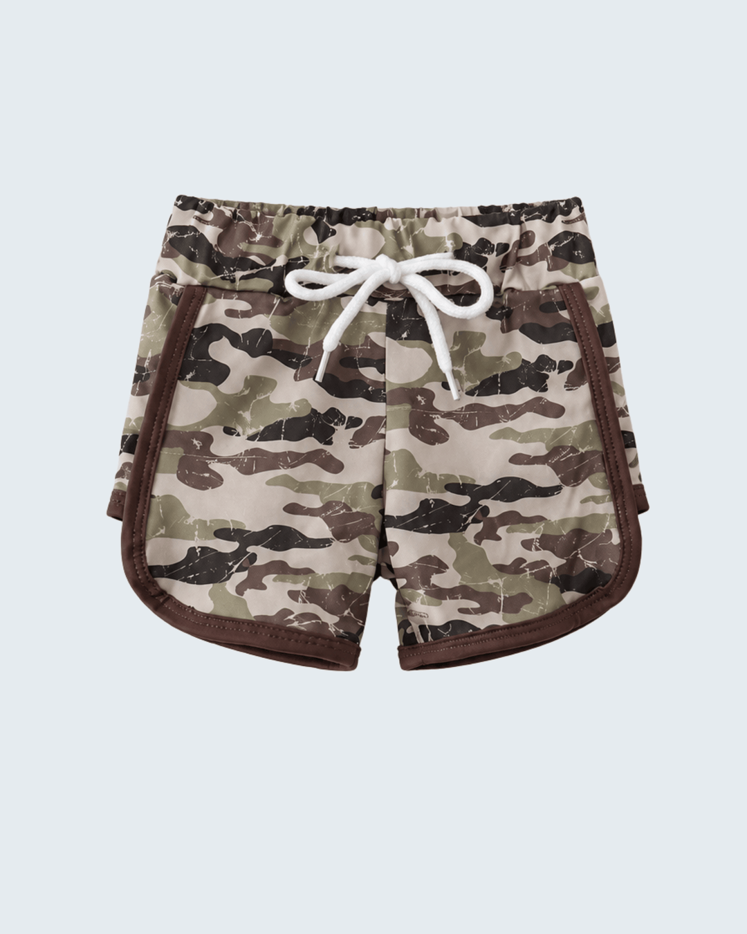 Camouflage shorts with a white drawstring on a light gray background