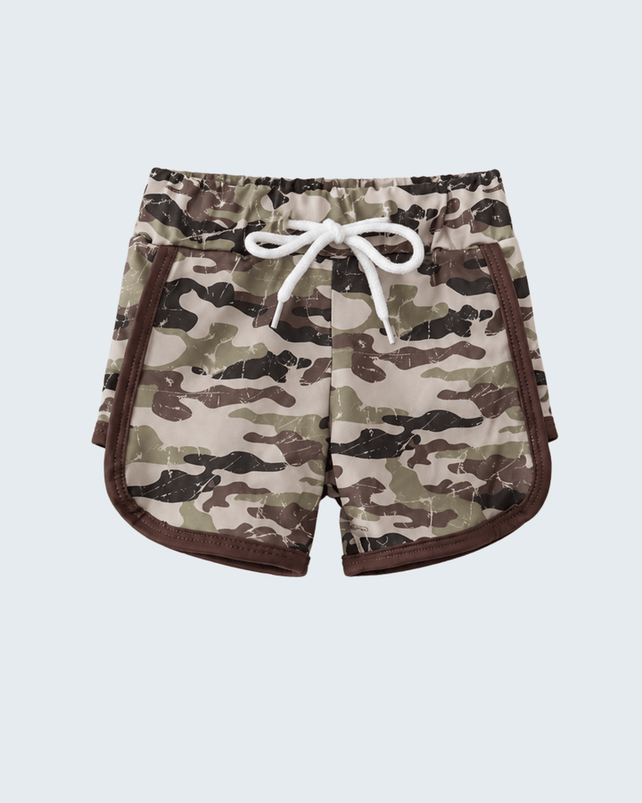 Camouflage shorts with a white drawstring on a light gray background