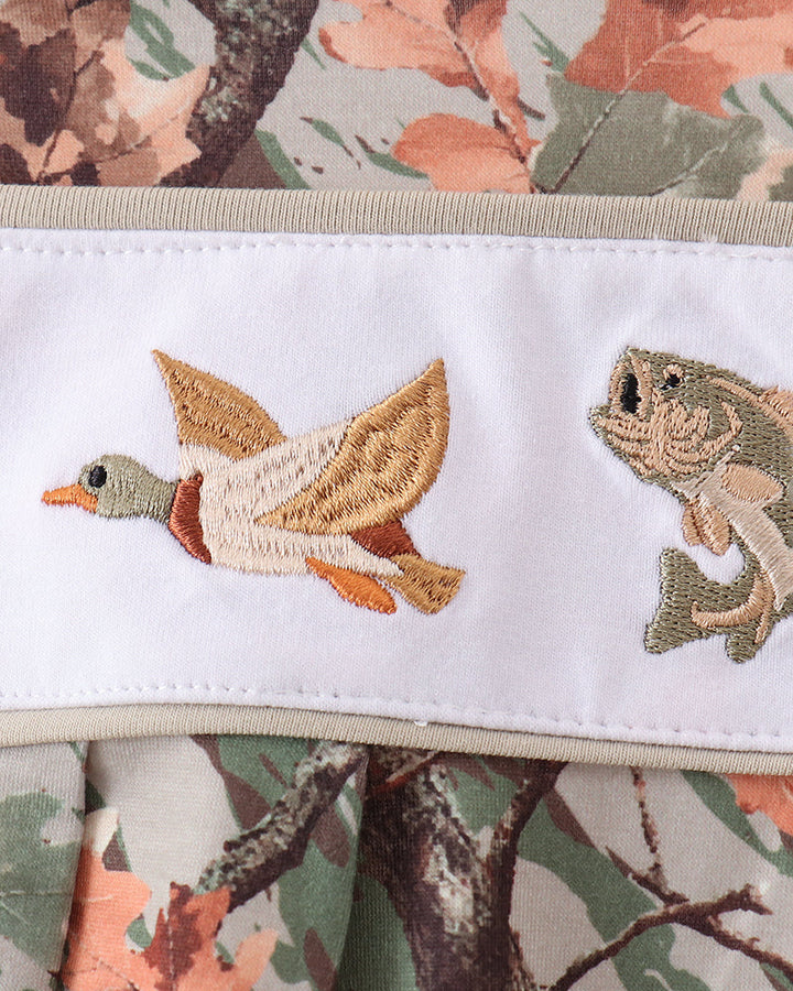 Duck and fish embroidered camo romper
