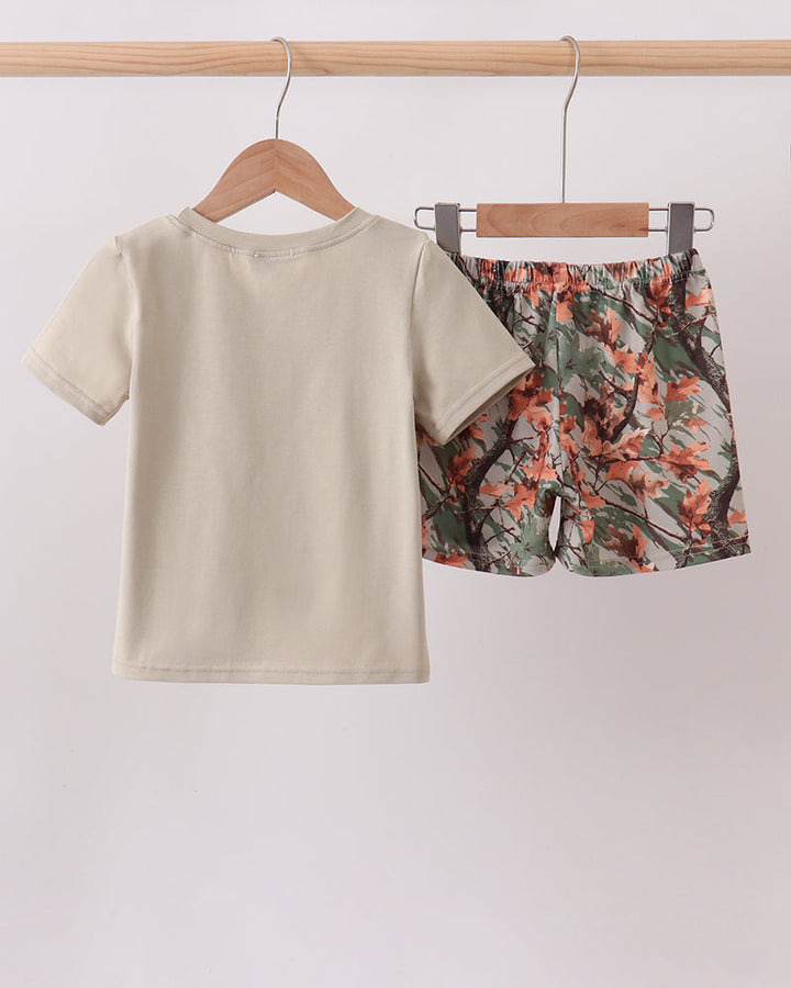 Camo Wildlife Embroidered Shorts Set on wooden hanger