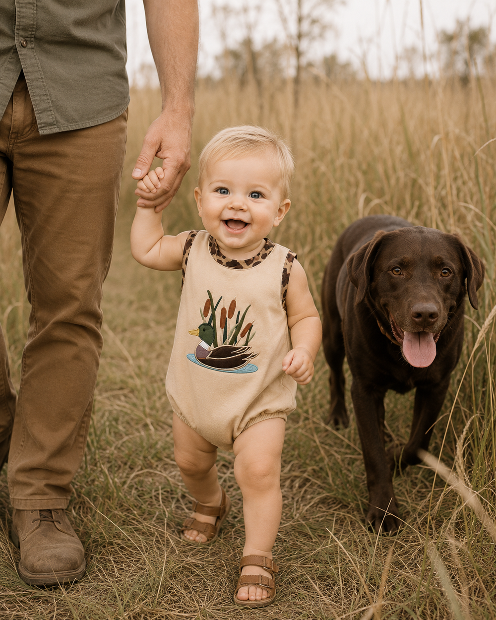 A toddler walking in a field while holding an adult's hand, with a chocolate Labrador retriever beside them. The toddler is wearing a beige sleeveless romper with a duck-and-bird graphic and leopard-print trim.