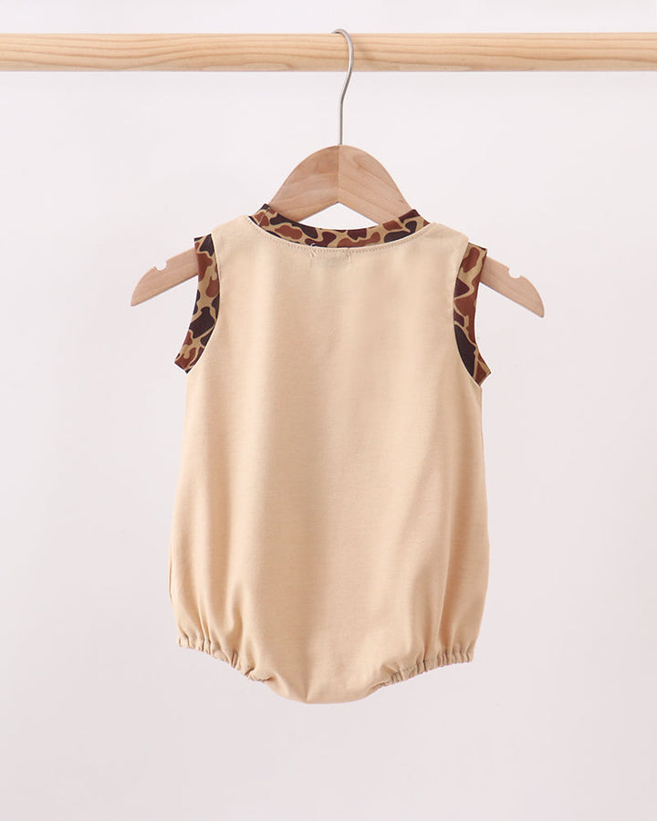 Beige sleeveless bubble romper with camouflage trim sleeves and back view