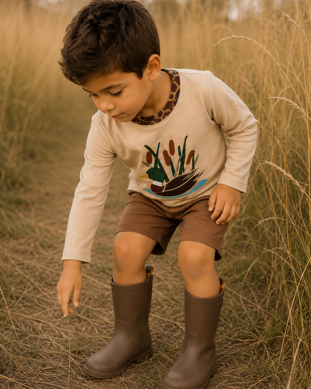 A young boy wearing a beige long-sleeve shirt with a duck graphic, brown shorts, and brown rain boots, crouching in a field of dry grass.