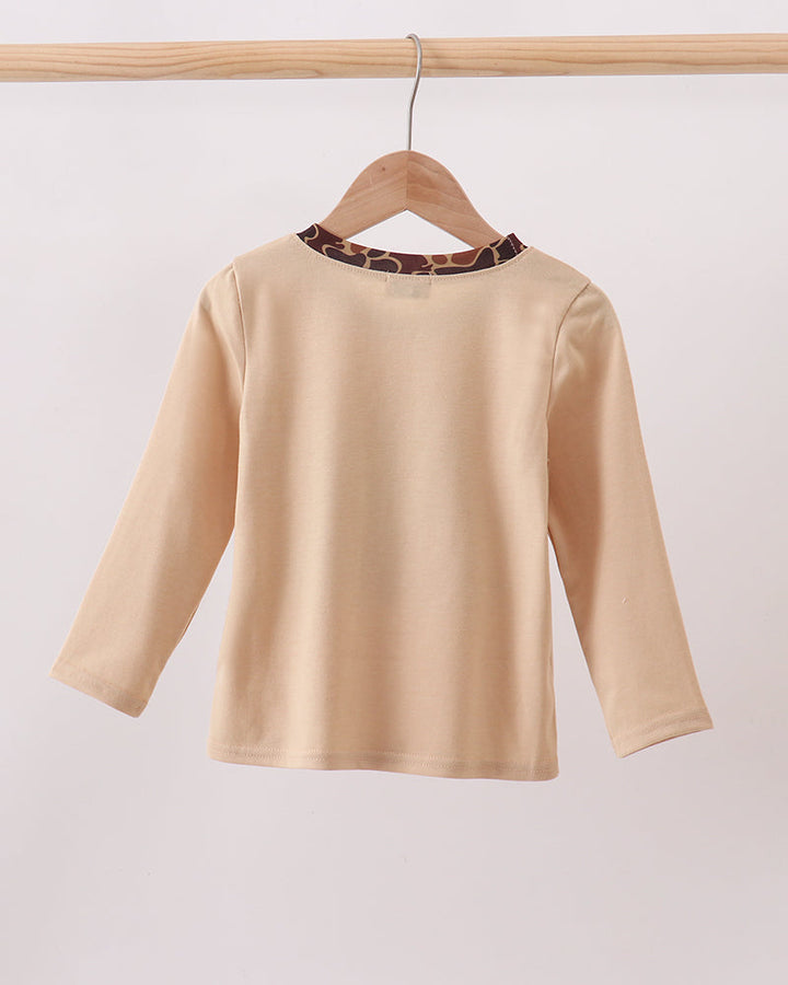 Beige long-sleeve top back with crew neck and smooth unprinted front panel